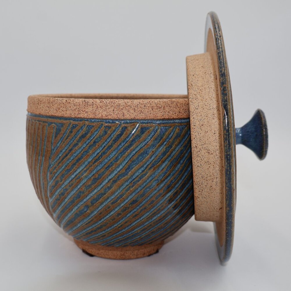 Stunning Signed Blue & Brown Lidded Stoneware Studio Art Pottery Jar, Ribbed
